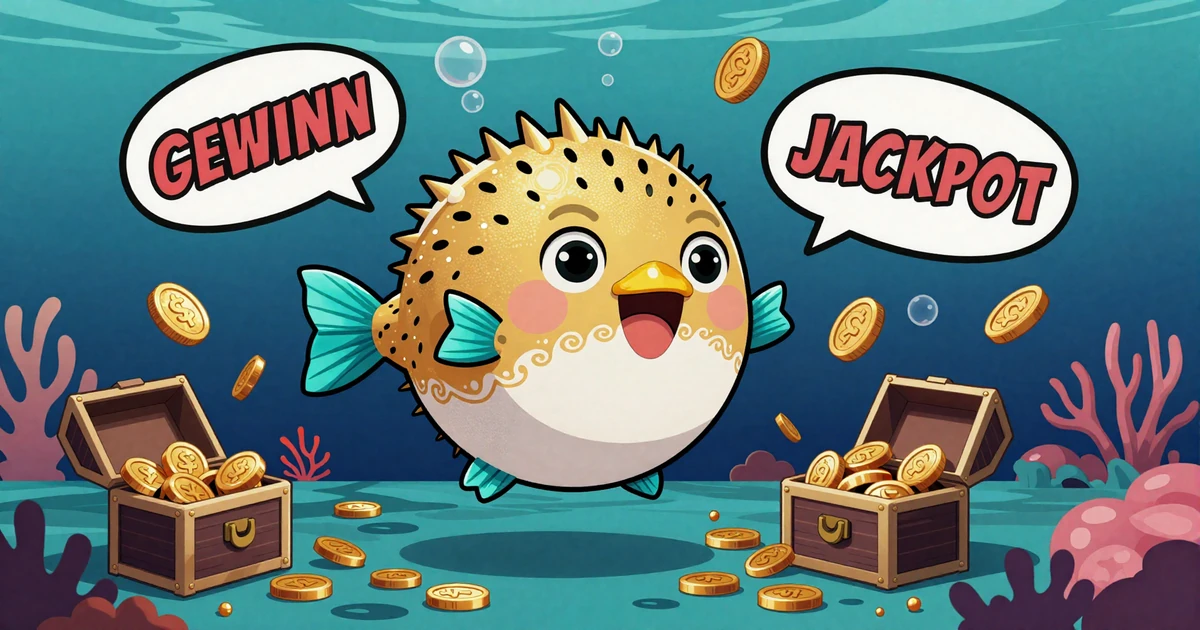 Fugu Casino Pufferfish Maskottchen schwimmt zwischen Goldm&uuml;nzen und Schatztruhen auf dem Meeresboden